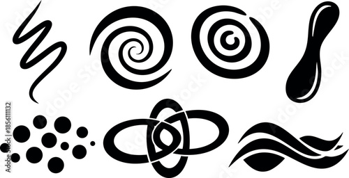 Abstract black ink brush stroke shapes vector illustration with swirls and dots 