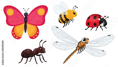 Modern vector illustration collection of insects butterfly, bee, ladybug, dragonfly, ant, in various poses on white background, flat bug set with solid colors, ideal for education and icons