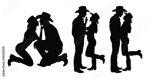 Cowboy couple silhouette, Romantic silhouettes of cowboy and cowgirl couple, Western attire, including cowboy hats and boots, Used for wild west, country music, or rodeo themes