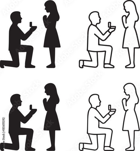 Isolated Marriage Proposal Silhouette, Proposal Icon, Marriage Proposal Black Silhouette, engagement scene, romantic couple, love commitment, ui icon pack