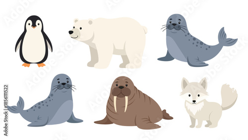 Modern vector illustration set of polar animals penguin, polar bear, seal, walrus, arctic fox, in various poses on white background, flat arctic wildlife collection with solid colors