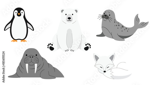 Modern vector illustration set of polar animals penguin, polar bear, seal, walrus, arctic fox, in various poses on white background, flat arctic wildlife collection with solid colors