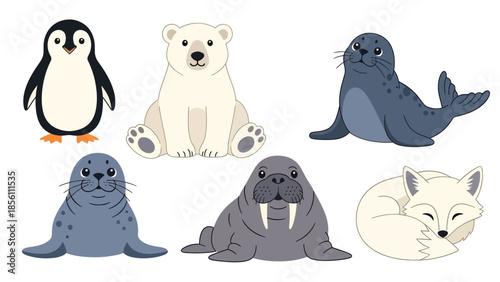 Modern vector illustration set of polar animals penguin, polar bear, seal, walrus, arctic fox, in various poses on white background, flat arctic wildlife collection with solid colors