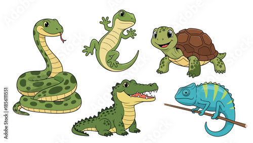 Modern vector illustration collection of reptiles snake, lizard, turtle, crocodile, chameleon, in different poses on white background, flat reptile set with solid colors, ideal for education