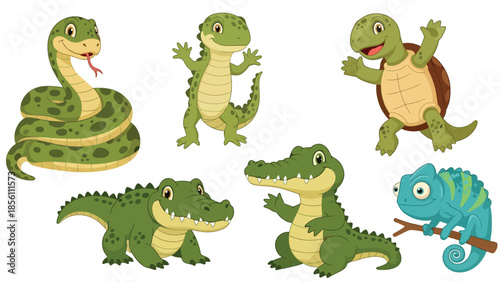Modern vector illustration collection of reptiles snake, lizard, turtle, crocodile, chameleon, in different poses on white background, flat reptile set with solid colors, ideal for education