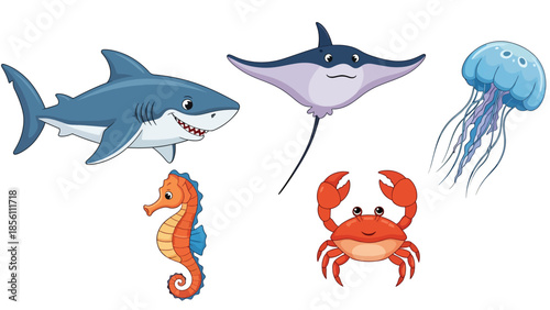 Modern vector illustration collection of aquatic animals shark, ray, jellyfish, seahorse, crab, in floating poses on white background, flat marine life set with solid colors