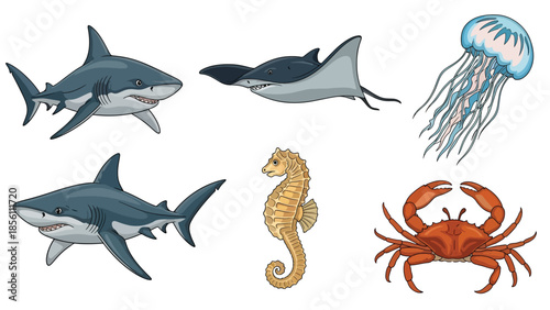Modern vector illustration collection of aquatic animals shark, ray, jellyfish, seahorse, crab, in floating poses on white background, flat marine life set with solid colors