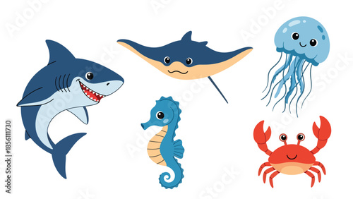 Modern vector illustration collection of aquatic animals shark, ray, jellyfish, seahorse, crab, in floating poses on white background, flat marine life set with solid colors