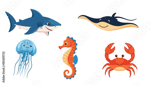 Modern vector illustration collection of aquatic animals shark, ray, jellyfish, seahorse, crab, in floating poses on white background, flat marine life set with solid colors