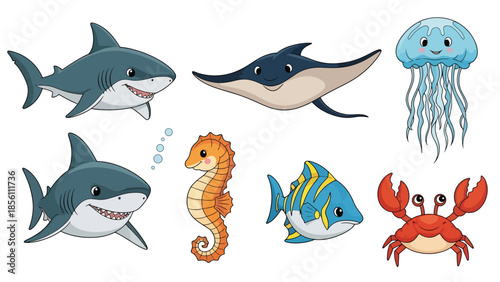 Modern vector illustration collection of aquatic animals shark, ray, jellyfish, seahorse, crab, in floating poses on white background, flat marine life set with solid colors