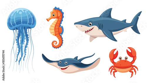 Modern vector illustration collection of aquatic animals shark, ray, jellyfish, seahorse, crab, in floating poses on white background, flat marine life set with solid colors