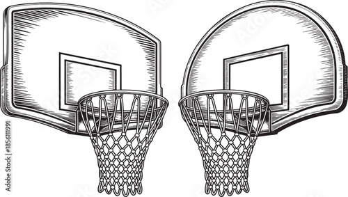 Hand drawn style Basketball hoop silhouette set isolated on transparent background