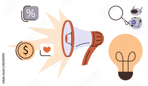Megaphone projecting messages thumbs up percent, money, and love. Lightbulb for ideas, robot with magnifier highlights analytics. Ideal for marketing, communication, AI solutions, innovation