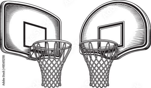 Hand drawn style Basketball hoop silhouette set isolated on transparent background