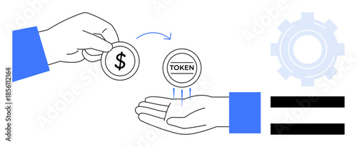 Hand giving a dollar coin to another hand receiving a token, symbolizing currency exchange, technology, or decentralized economies. Ideal for finance, blockchain, trade, investment, digital economy