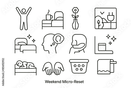 Vector weekend symbol icon pose laundry micro window reset corner vase nap