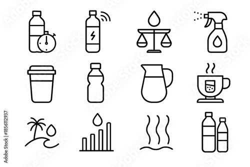 Vector collection cover flow reusable bottle glass cool mist hydration water icon