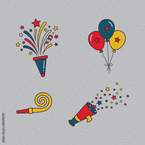 Colorful celebration elements balloons party popper horn and confetti scattered around