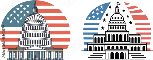 Title: The United States Capitol building with an American flag background and stars