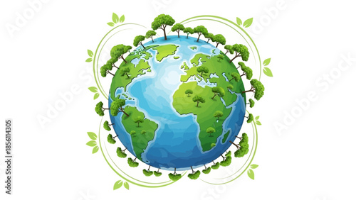 Green Earth Globe with Leaves Illustration.