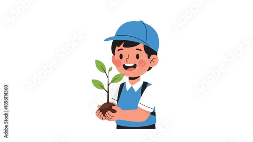 Cartoon Boy Holding Small Green Plant.