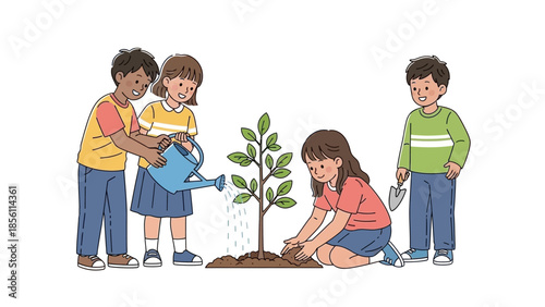 Children Planting a Small Tree Together.
