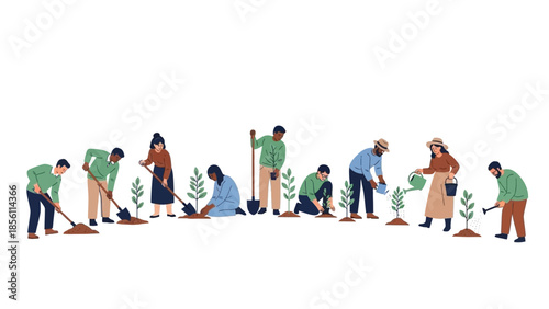 People Planting Trees Together in Garden.