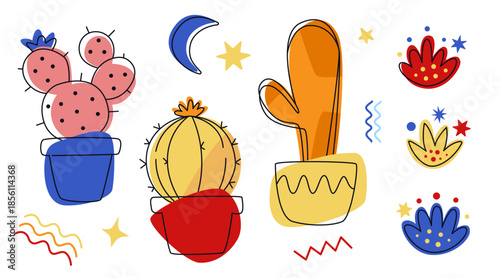 Cactus colorful illustration set. Potted desert plants, stars and abstract shapes on white background. Color block art

