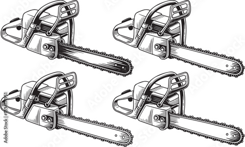 Hand drawn style Chain Saw silhouette set isolated on transparent background