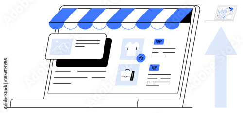 E-commerce, digital shopping, online marketing, retail platforms, website design, internet commerce. A laptop displays an online store interface with a virtual storefront. E-commerce and digital