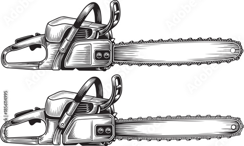 Hand drawn style Chain Saw silhouette set isolated on transparent background