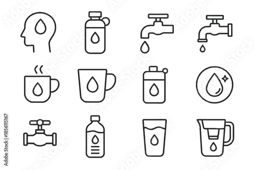 Icons gauge reusable regulator vector bottle icon mindful minimal hydration water droplet