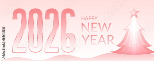 Pink 2026 Happy New Year Banner with Minimalist Christmas Tree and Gradient Typography