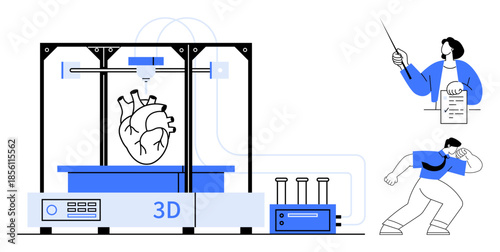 3D printer producing a human heart, researcher holding data, and technician working. Ideal for healthcare innovation, medical research, technology integration, education, science progress, biotech