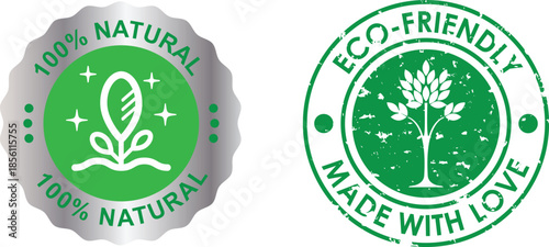 Eco-Friendly and 100% Natural Product Label Set. Green Organic Badges with Tree and Leaf Icons for Sustainable Branding and Ethical Packaging Designs.