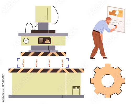 Factory worker examining notes on a board near a machine press, with a gear symbolizing teamwork, production, and problem-solving. Ideal for industry, innovation, engineering, workflow, technology