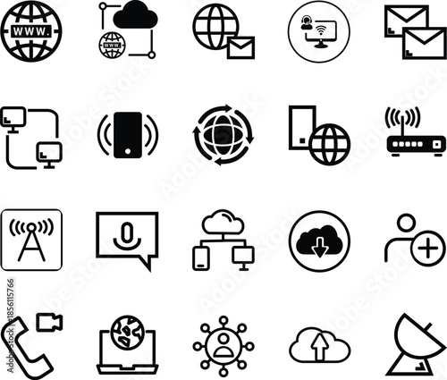 Global Communication and Networking Vector Icon Set. Black Symbols for Cloud Computing, Internet Connectivity, Wireless Technology, and Digital Media Concepts.
