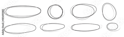 Set of hand drawn doodle red marker round frames. Red pen drawn marks, red circle set, highlight circle. Hand drawn marker doodle line stroke. Handwritten highlight red scribble circle. 