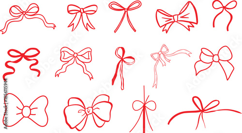 Set of Red Hand-Drawn style Ribbon Bow Illustrations. Sketchy Vector Decorative Knots for Gift Wrapping, Greeting Cards, and Romantic DIY Designs.