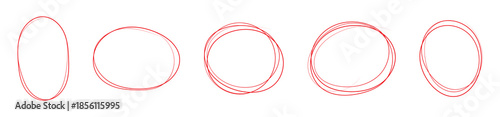 Hand drawn black and red circles and ovals set. Ellipses in red pencil doodle style. Round freehand shapes, emphasis highlights. Red round rough thin frames.
