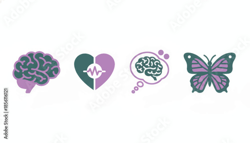 Mental health awareness icon set. Hand drawn flat vector illustration of brain, heart, and butterfly symbols. Psychology and wellness concept