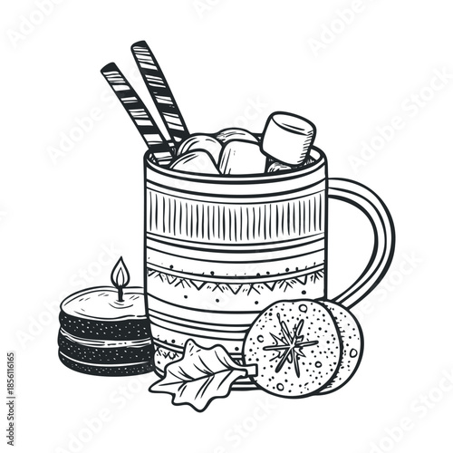 Hand drawn cozy winter beverage mug with marshmallows and wafer sticks, accompanied by a lit candle and a decorative orange slice, ideal for holiday greetings and seasonal warmth designs.