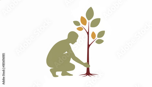 Silhouette of a person planting a young tree. Gardening and environmental conservation concept. Minimalist flat vector illustration