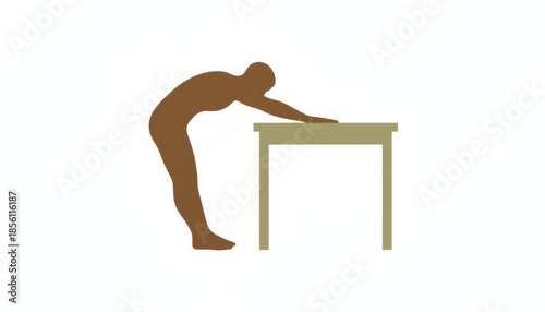 Person stretching by table silhouette. Human figure bending forward for physical therapy exercise. Flat vector illustration isolated on white