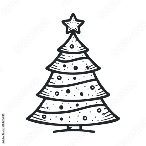 Simple doodle style Christmas tree adorned with a star topper and various ornaments providing a charming graphic for holiday celebrations and seasonal promotions