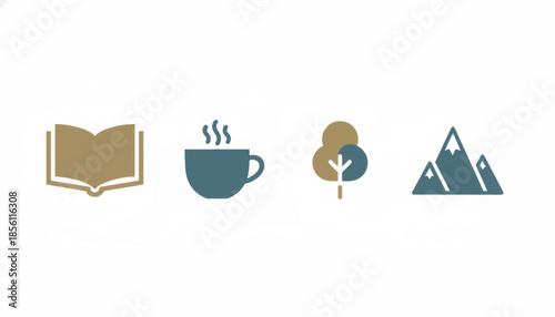 Minimalist lifestyle and travel icon set. Flat design vector graphic with book, coffee, tree, and mountains