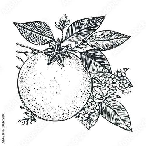 Detailed black and white sketch of a round orange surrounded by lush leaves, delicate blossoms, and star anise spice perfect for natural product packaging or organic food branding projects