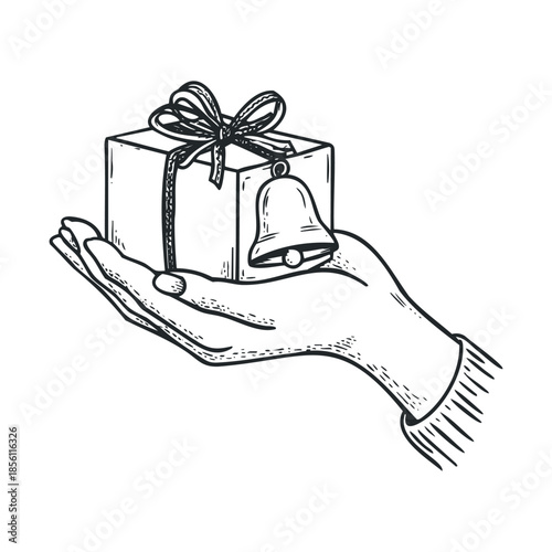 A human hand gently presents a wrapped gift box adorned with a festive bow and a charming small bell, perfect for holiday greetings, celebration visuals, or expressing gratitude and giving