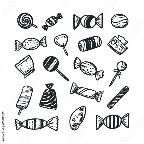 Hand drawn candy and sweet treats collection perfect for confectionery marketing materials, snack packaging, childrens party invitations, and foodrelated blog graphics
