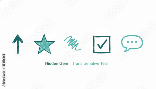 Hand-drawn sketchy icon set. Teal vector illustration with arrow, star, checkmark, and speech bubble symbols. Minimalist design elements